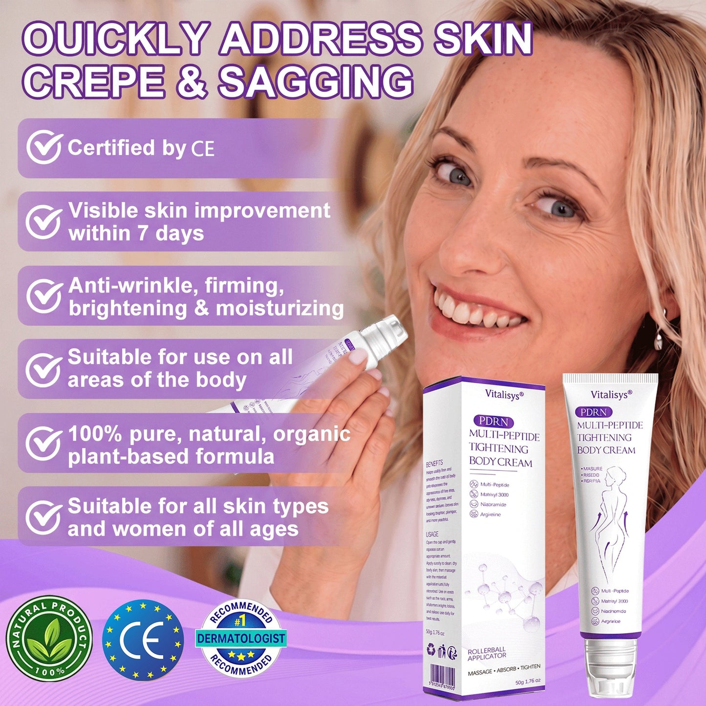 💕 Vitalisys® PDRN Multi-Peptide Massaging Body Roller Cream- Anti-aging, Hydrating, Skin Firming & Lifting, Skin Repair, Even Tone, Acne and Dark Spot Treatment, Wart and Mole Removal, and Psoriasis Relief