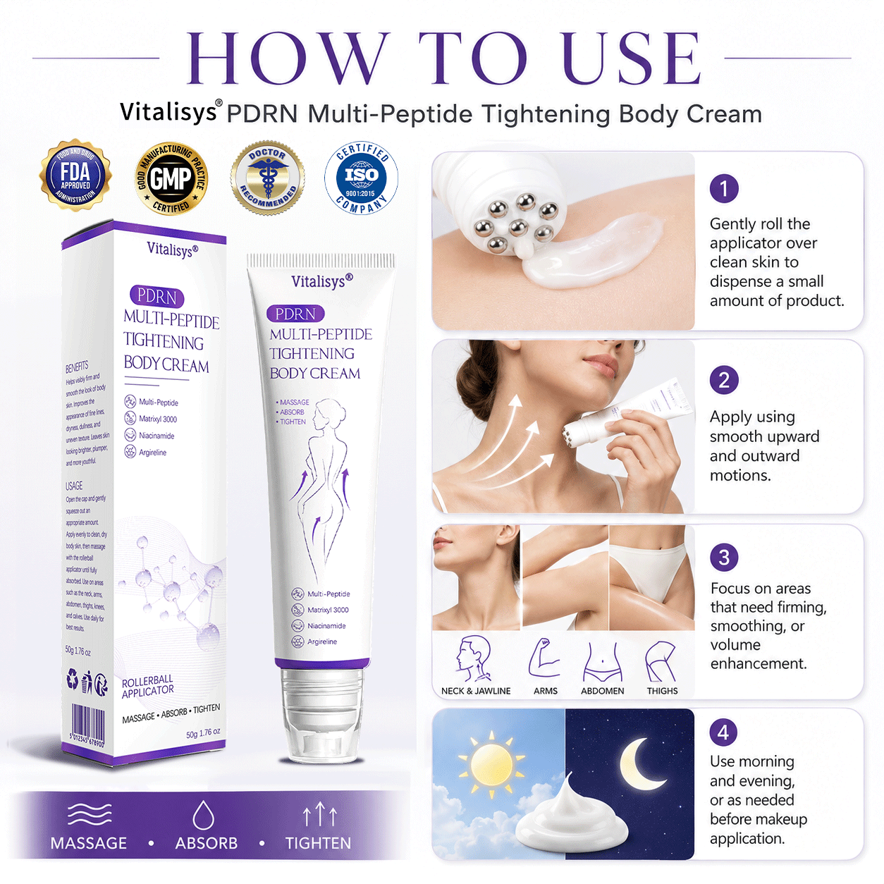 💕 Vitalisys® PDRN Multi-Peptide Massaging Body Roller Cream- Anti-aging, Hydrating, Skin Firming & Lifting, Skin Repair, Even Tone, Acne and Dark Spot Treatment, Wart and Mole Removal, and Psoriasis Relief