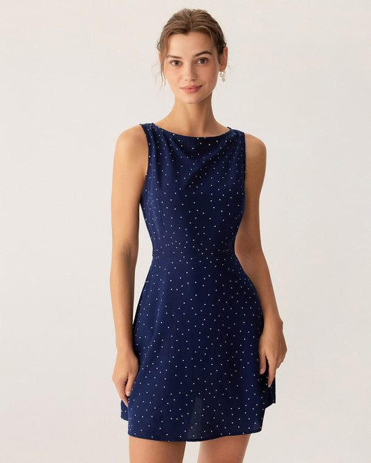 Blue Polka-Dot Sleeveless Cut-Out Mini Dress