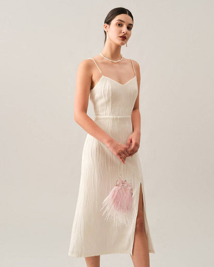 Wave-Texture Pearl-Strap Midi Dress