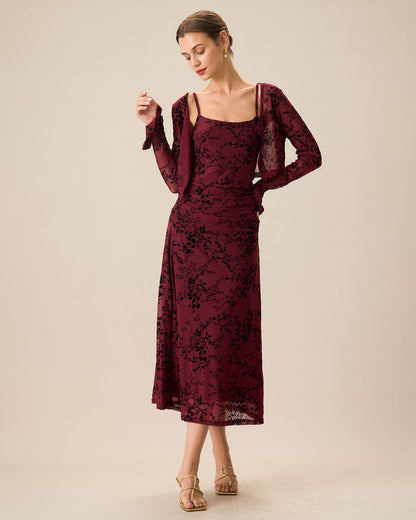 Red Floral Pattern Bodycon Slip Midi Dress