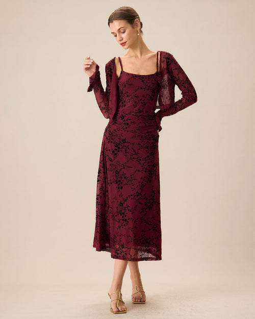 Red Floral Pattern Bodycon Slip Midi Dress