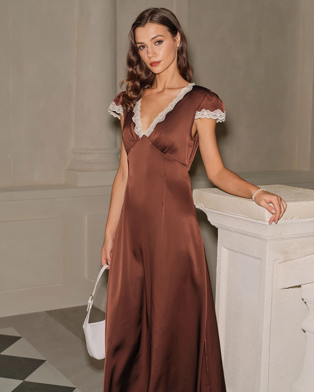 Brown Satin V-Neck Lace Maxi Dress