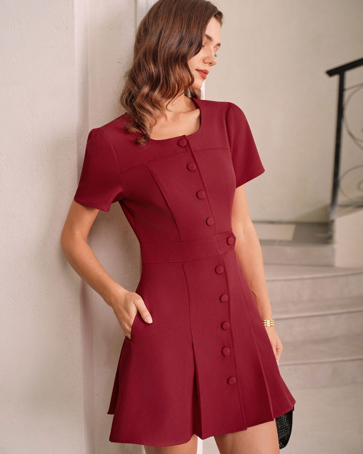 Red U-Neck A-Line Mini Dress